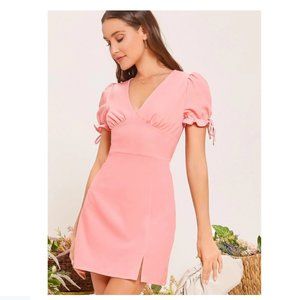 Knotted Puff Sleeve Wide Waistband Split Hem Dress